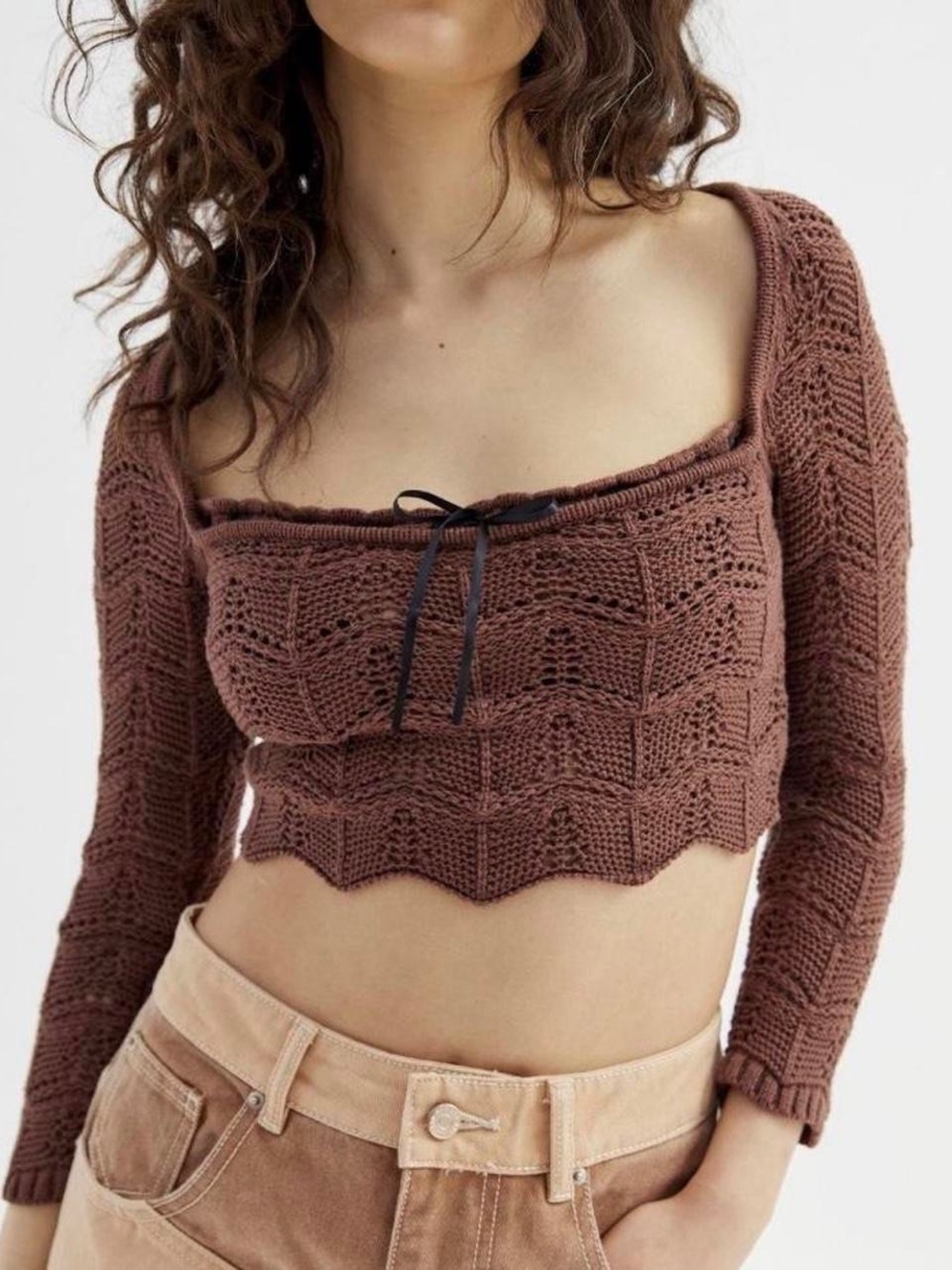 Urban Outfitters Brown Crochet Knit Cropped Sweater